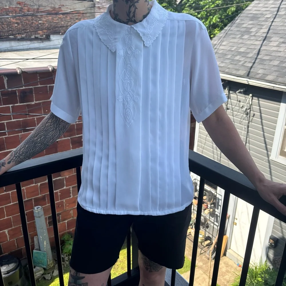 💀 SOLD 💀 Vintage 80s Sheer White Pleated Lace Loop Collar Short Sleeve Blouse M - Picture 6 of 9